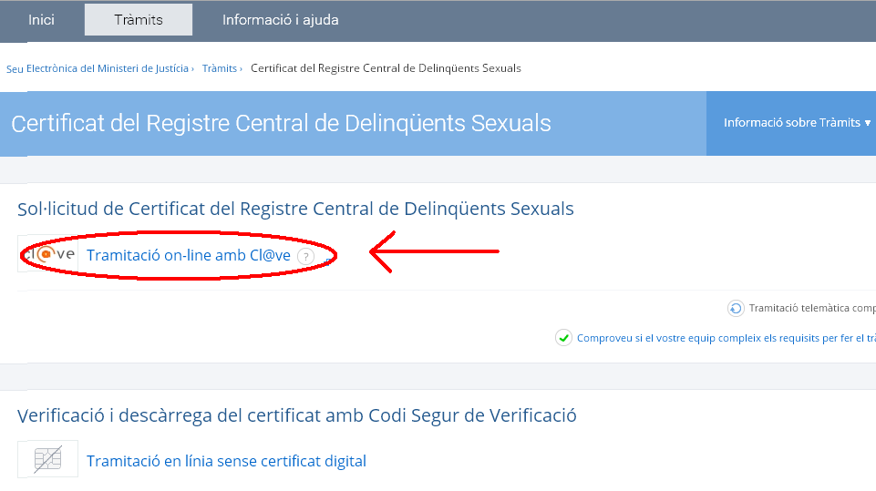 Captura de pantalla del Certificat de registre central de deliqüents sexuals